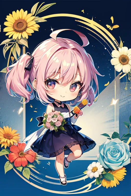 (Chibi: 1.3), happy, (holding a bouquet), full body,