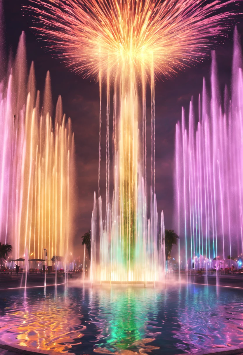 Musical fountain water column dancing、Form a combination of various patterns of lights and water columns,Create a colorful scene,Detailed fantasy digital art,4k highly detailed digital art,fantasy art behavior,Surreal