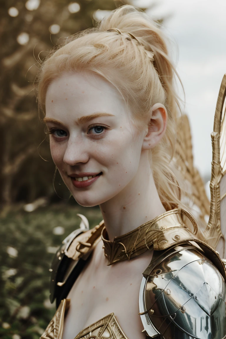 Ultra realistic photography of dbwl woman with many huge beauty marks on her natural pale white skin  ,    (medium shot:1.4) , (full body portrait:.2),
 (SFW),  (((wings, fractal armor))) , dressed, upper arms,   ((in frame)),

 ((fighting stance)),  natural (  pale light blonde eyelashes) , blue eyes, medieval background,
 detailed Natural pale white skin  with (many huge round beauty marks) , smile, light pale blonde eyebrows,
 happy, clean cheeks,
detailed, natural light blonde,  outdoors, sunny, high resolution, photograph, RAW photo, fr4ctal4rmor, ponytail hairstyle, [[[[sexy]]]]