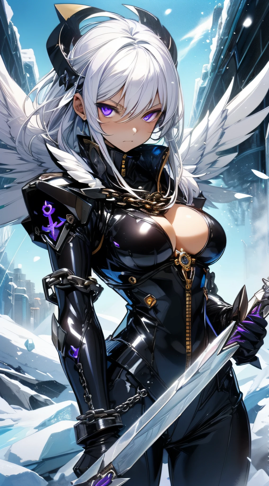 top-quality、Top image quality、​masterpiece、girl with((black shiny mechanic suit、18year old、teen ager、cute little、Best Bust、big bast,Beautiful shining purple eyes、Breasts wide open, white  hair、one white winged,Longhaire、A slender,Large valleys、belligerent movements,sharp claws、anchor chain、chain、chains、Beam Cannon、He has an ice sword in both hands..、)),hiquality、Beautiful Art、Background with((natta、snow blowing、Oyuki、Yuki、ice tower、big ice house、White smoke)))、,masutepiece、depth of fields,Cinematic style