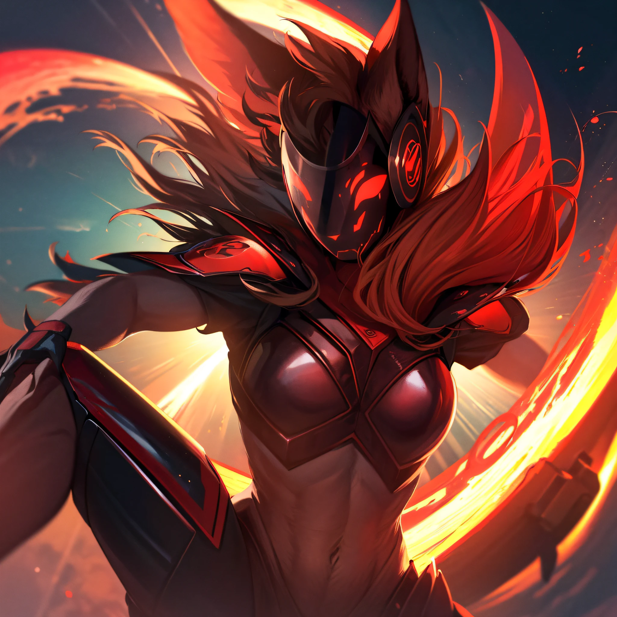 red protogen, smiling, happy, dynamic lighting, illustration, portrait, beautiful, particles (high quality,4k,8k,highres,masterpiece:1.2), ultra-detailed, impressionistic:colorful,