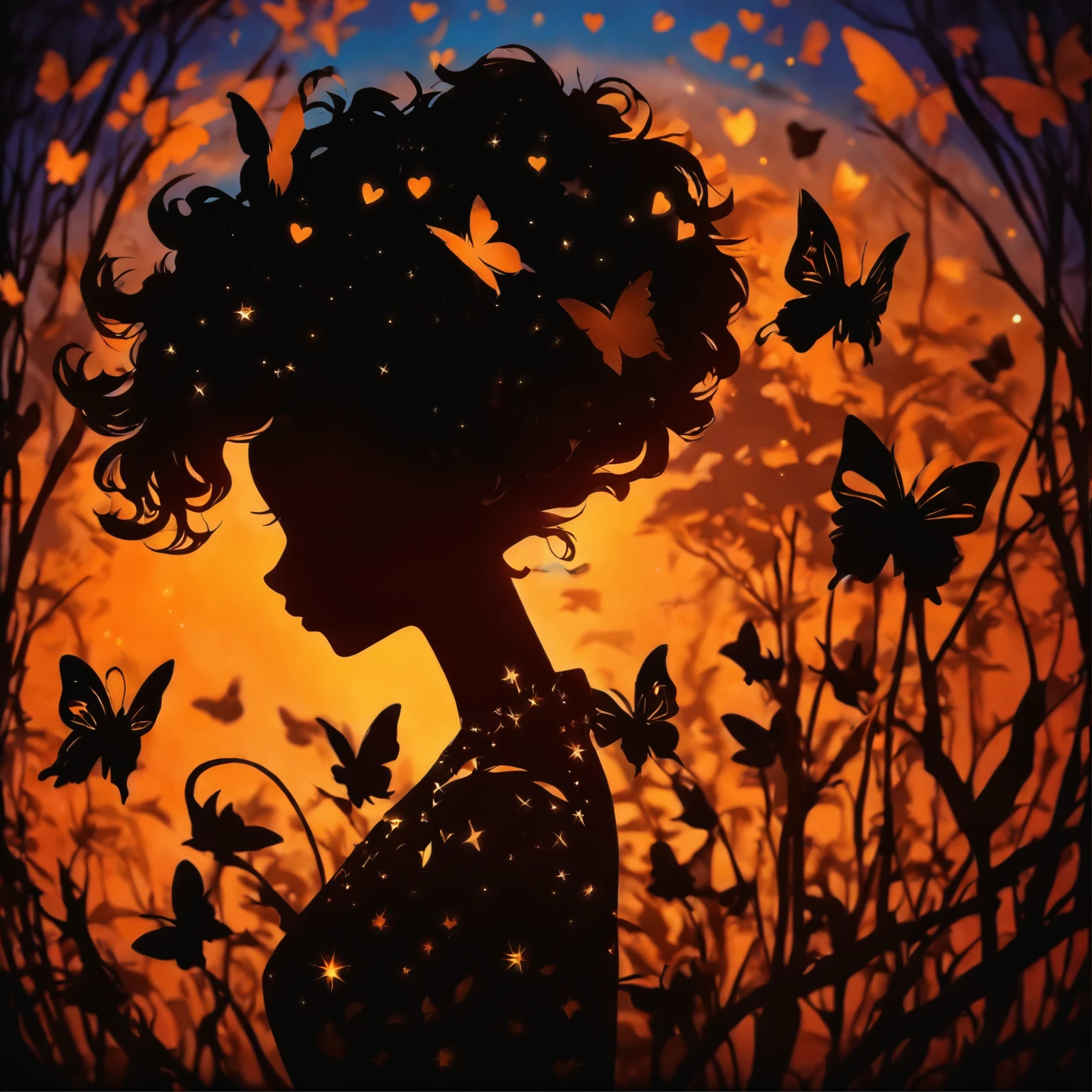 (Silhouette Art,cutouts:1.6)
(((Paper cutting art,A world where only night exists:1.3), heart moon, solo, softly backlit, highlight,intricate masterpiece, 2D digital art
(Cowboy Shot),1 black girl,Solo, Clear and beautiful detailed face,15 Nights, glowing detailed butterflies
break
(Silvery Moon)
Gradients Blue textured glass background,Arcana World