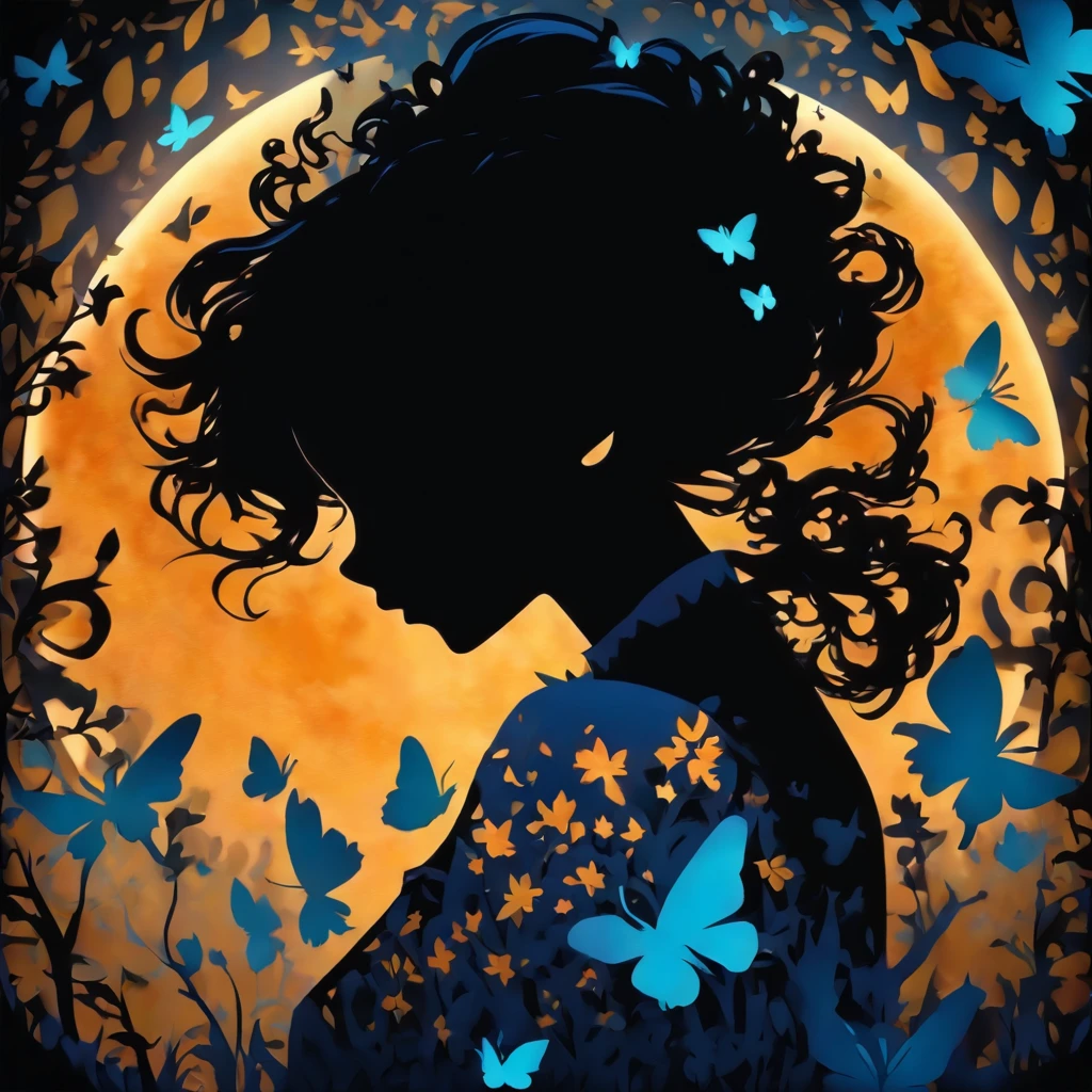 (Silhouette Art,cutouts:1.6)
(((Paper cutting art,A world where only night exists:1.3), heart moon, solo, softly backlit, highlight,intricate masterpiece, 2D digital art 

(Cowboy Shot),1 black girl,Solo, Clear and beautiful detailed face,15 Nights, glowing detailed butterflies 

break
(Silvery Moon)
Gradients Blue textured glass background,Arcana World