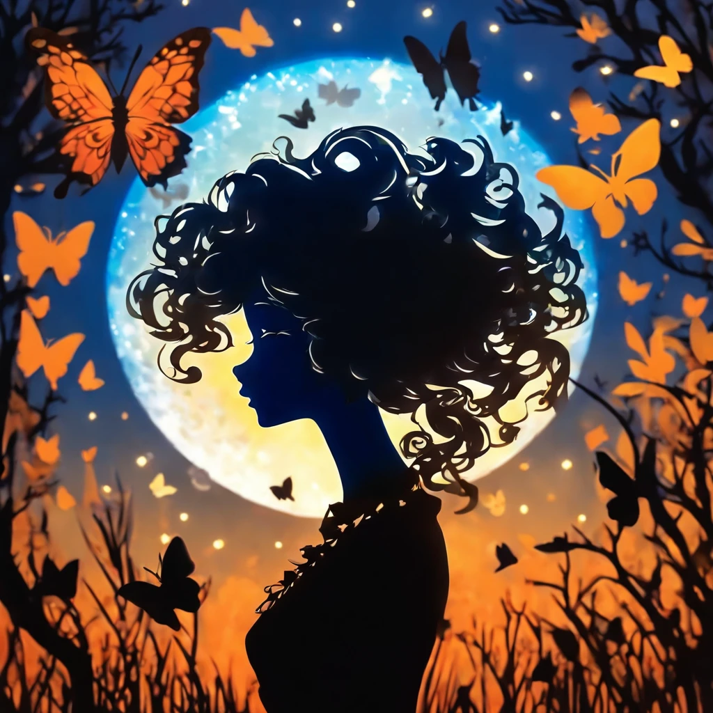 (Silhouette Art,cutouts:1.6)
(((Paper cutting art,A world where only night exists:1.3), heart moon, solo, softly backlit, highlight,intricate masterpiece, 2D digital art
(Cowboy Shot),1 black girl,Solo, Clear and beautiful detailed face,15 Nights, glowing detailed butterflies
break
(Silvery Moon)
Gradients Blue textured glass background,Arcana World