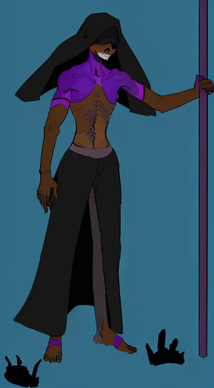 (masterpiece), best quality, detailed very Thin man, black skin, headgear black simagh, black blindfold, detailed skeleton mask, full body, long black pants, half naked, black purple slime, holding spear, monster, cripple, no skeleton body, skeleton teeth, half purple tight suit