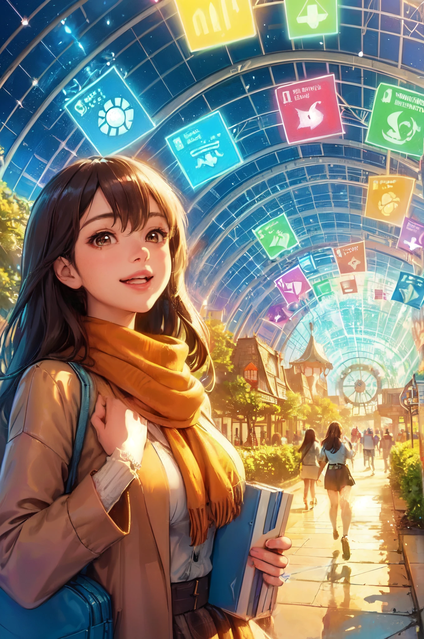 1lady solo, /(stylish outfit/), /(brown hair/) bangs, happy smile, (eyes sparkling with excitement), (masterpiece best quality:1.2) delicate illustration ultra-detailed, large breasts BREAK (theme park:1.1), (a theme park where SDGs and a fantasy world view are fused:1.2), (light symbolizing renewable energy)