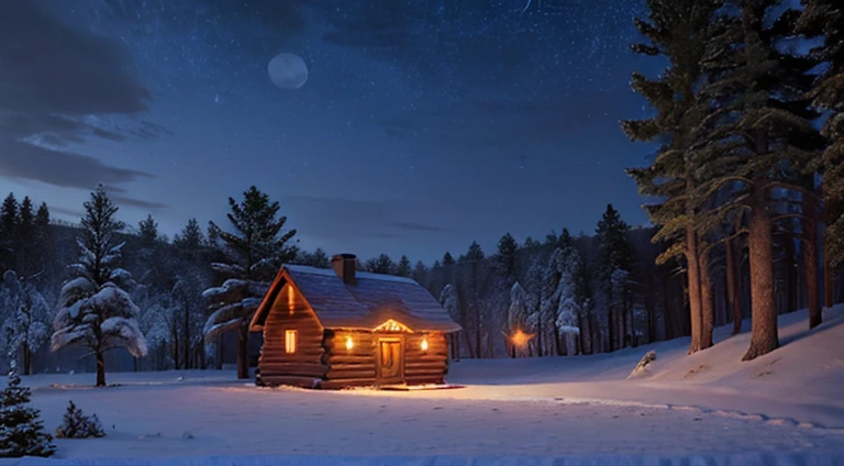 dark countryside, ((1 cabin)), smoke chimney , The trees , ((realistic full moon)), ((stream)), (((Countless twinkling stars))) , There is a lot of snow