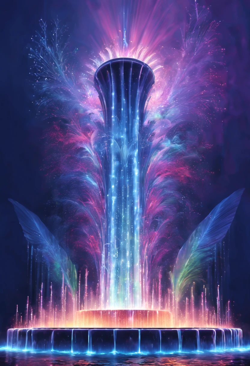 Musical fountain water column dancing、Form a combination of various patterns of lights and water columns，Create a colorful scene，Detailed fantasy digital art，4k highly detailed digital art，fantasy art behavior，Surreal