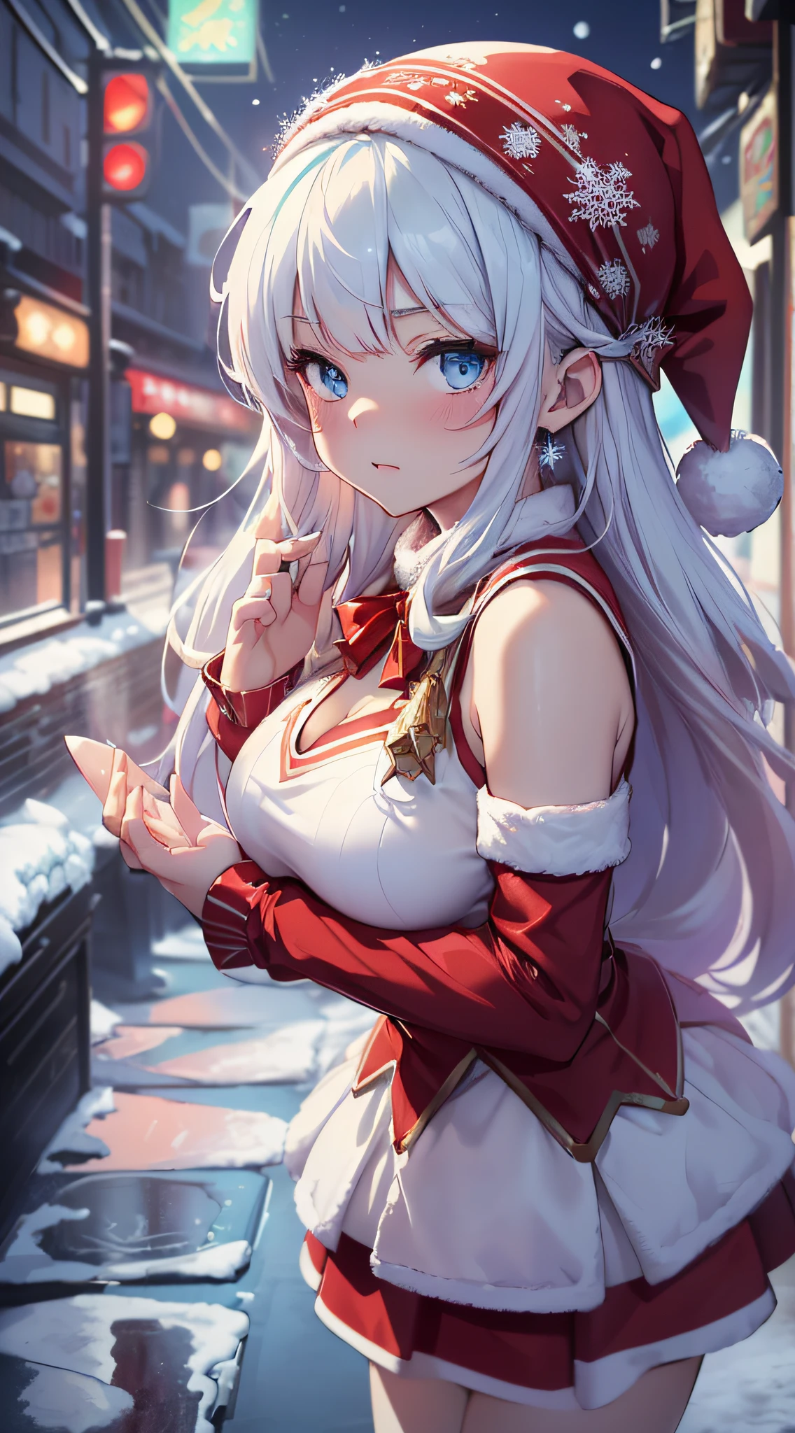 top-quality、Top image quality、masterpiece、teens girl((Red Santa Costume、santa style short skirt、santa style tank top、、teen ager、Best Buast,Beautiful light blue eyes、Breasts wide open, a blond、A slender,Large valleys、dye one's cheeks red、Leaning forward、White breath、Reflecting the whole body、Cold Pose、Face holding back)),hiquality、Beautiful Art、Background with((Tokyo at night、Ice Burn City at night、snowflakes falling、Heavy snow falls、snowman、ice tower、In front of a convenience store)))、masutepiece、depth of fields,