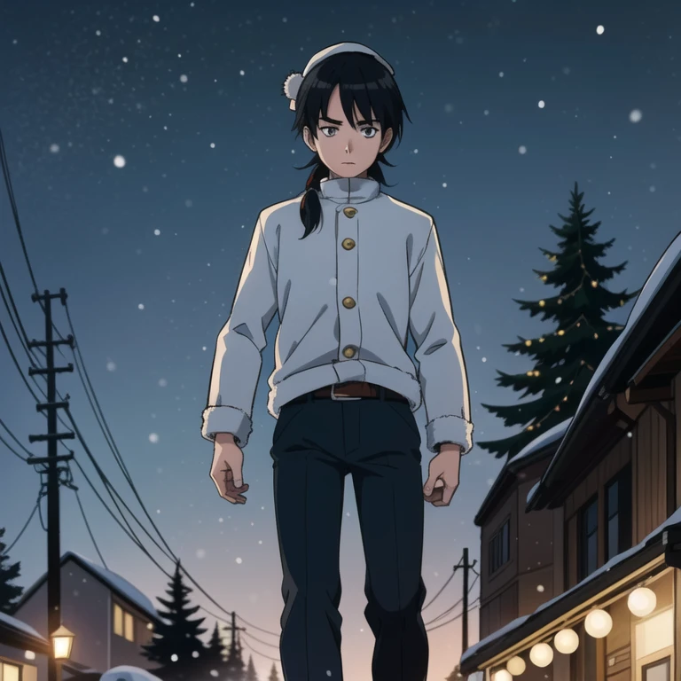 (Sketch) (Manga style) Christmas, a young boy with a long mullet haircut, big lips, and slanted eyes, wearing a hat. Winter season, snow and pine trees on the streets. Walking in the neiborhood. Christmas lights at night