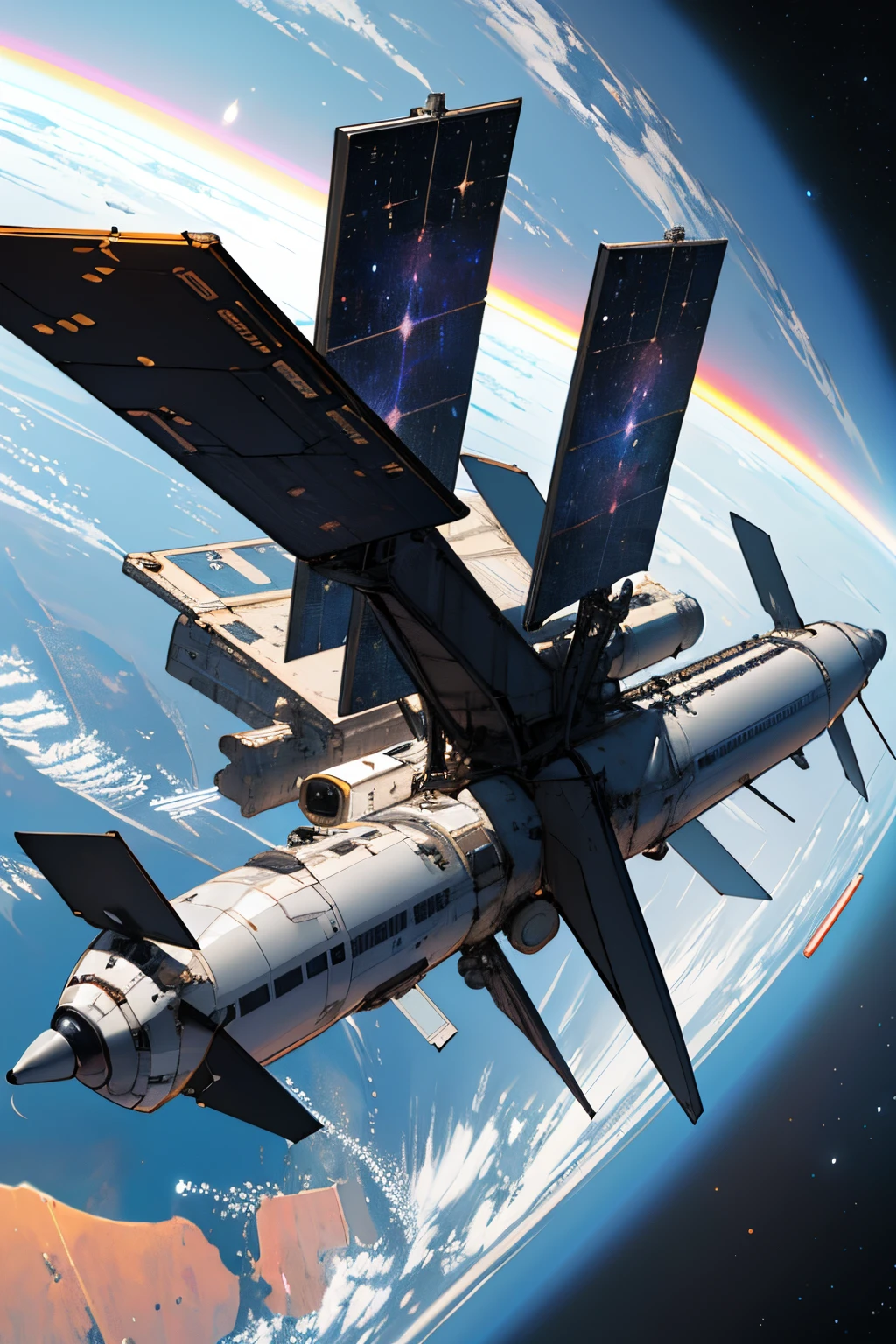 Children's simple drawing style deep space large space station with cargo spacecraft docked next to new large planet discovered in the distance