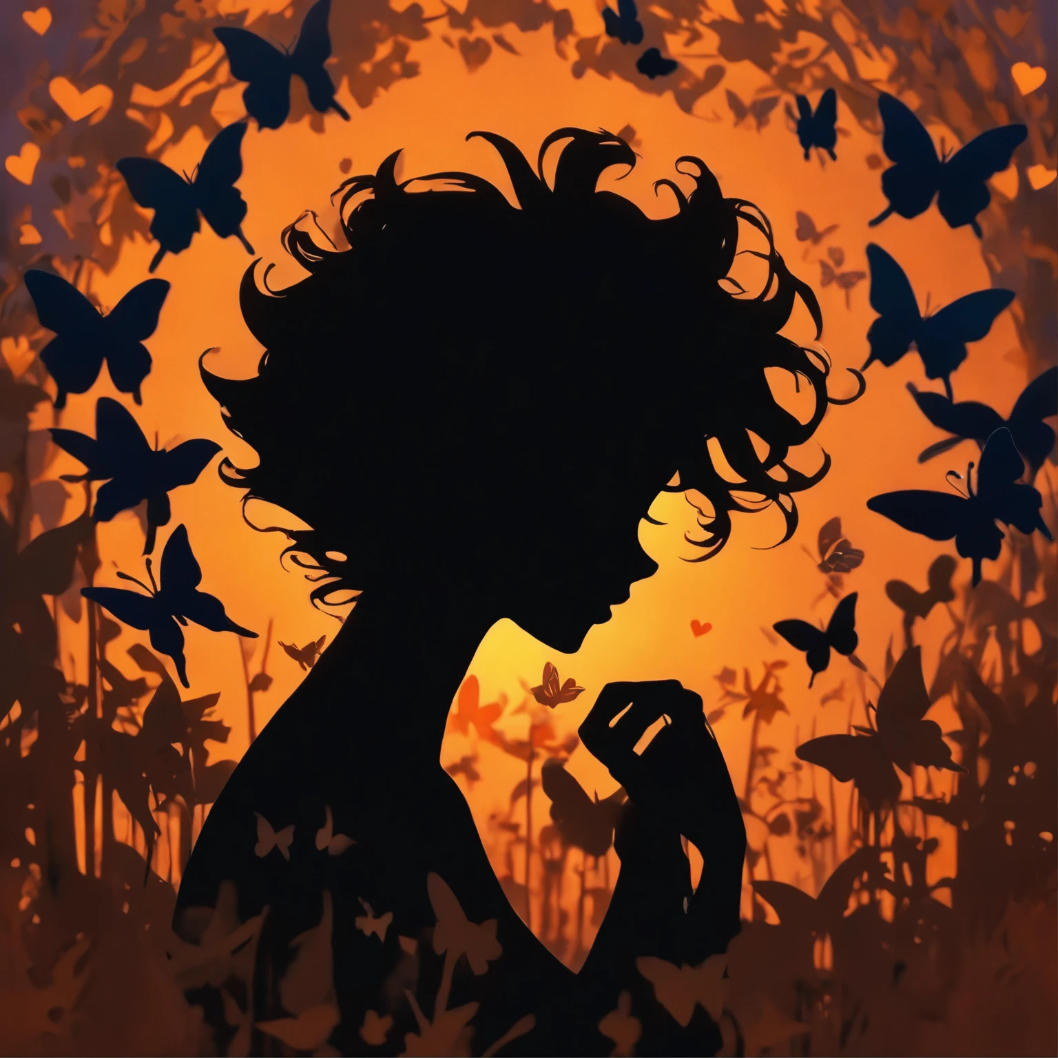 (Silhouette Art,cutouts:1.6)
(((Paper cutting art,A world where only night exists:1.3), holding a heart, solo, colorful backlighting
(Cowboy Shot),1 girl,Solo,
Black girl, Clear and beautiful detailed face,15 Nights, butterflies
break
(Silvery Moon)
Gradients Blue textured glass background,Arcana World