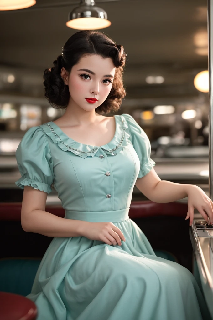 filmg, 1girl dressed in a 1950s-inspired dress, complete with a full skirt and petticoat, her hair styled in classic pin curls. She should be seated at an old-fashioned diner, surrounded by vintage details like a jukebox, chrome accents, and neon signs. Her eyes should be sparkling with excitement, her skin flawless and glowing under the soft, dramatic lighting. This scene should be captured on 35mm film, with a beautiful depth of field and a slightly blurry, nostalgic background