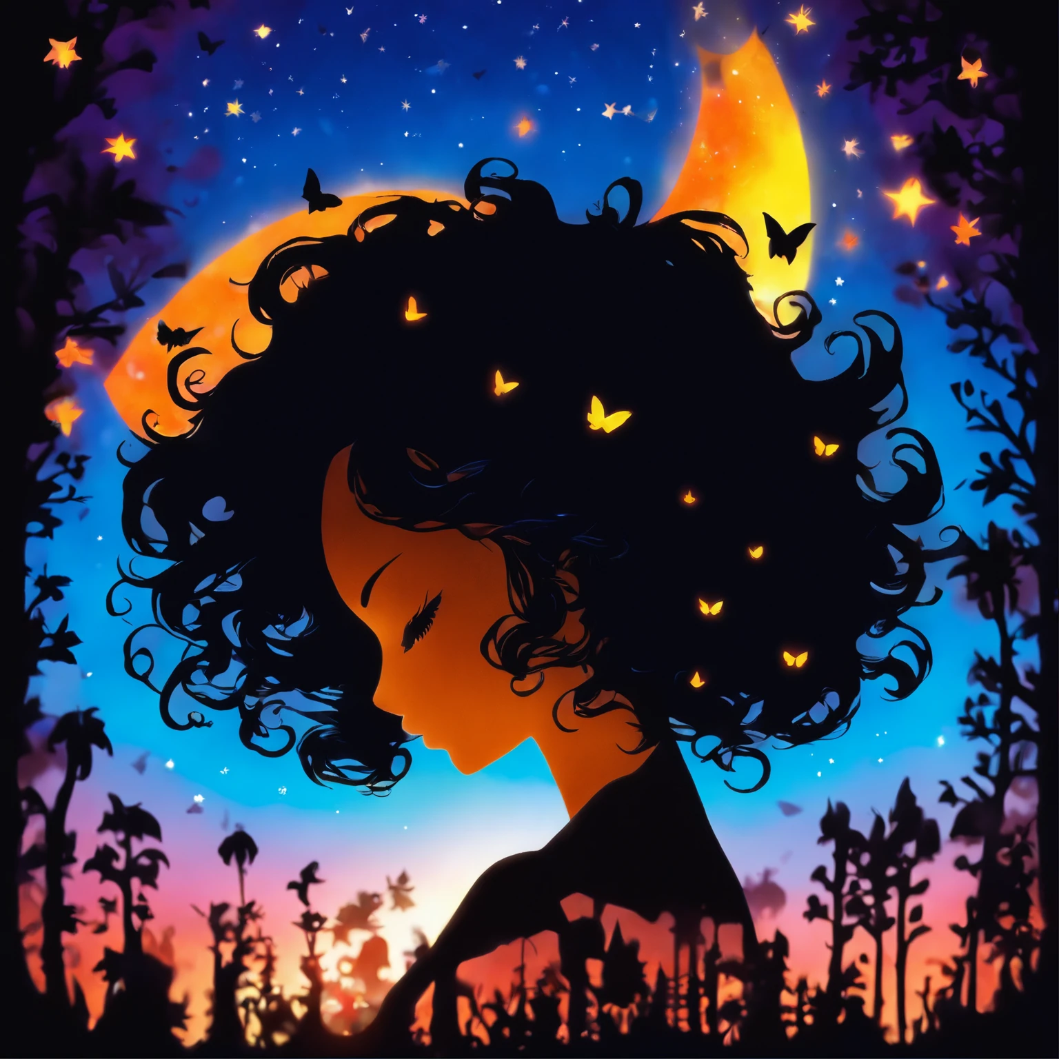 (Silhouette Art,cutouts:1.6)
(((Paper cutting art,A world where only night exists:1.3), heart moon, solo, colorful backlighting, glowing highlight,intricate masterpiece, 2D digital art 

(Cowboy Shot),1 black girl,Solo, Clear and beautiful detailed face,15 Nights, butterflies 

break
(Silvery Moon)
Gradients Blue textured glass background,Arcana World