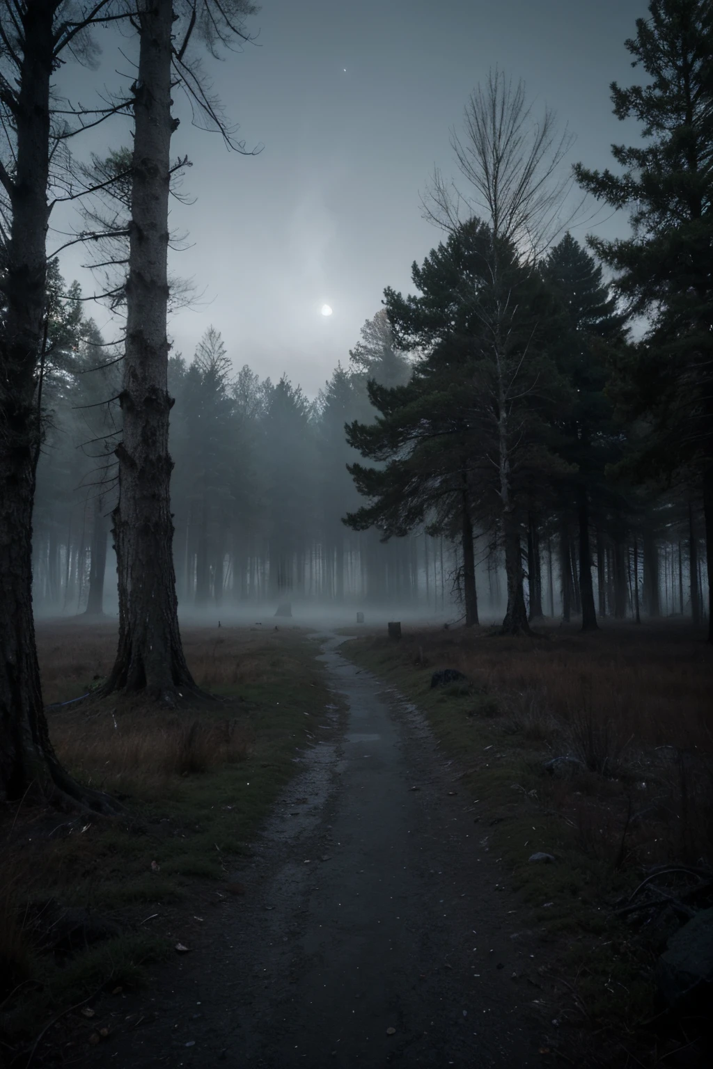 a chilling tone with a panoramic view of a desolate landscape shrouded in mist. The background is dominated by an ominous, moonlit sky casting an eerie glow over a dense, haunted forest. Wisps of fog linger between gnarled, skeletal trees, heightening the sense of mystery and foreboding.