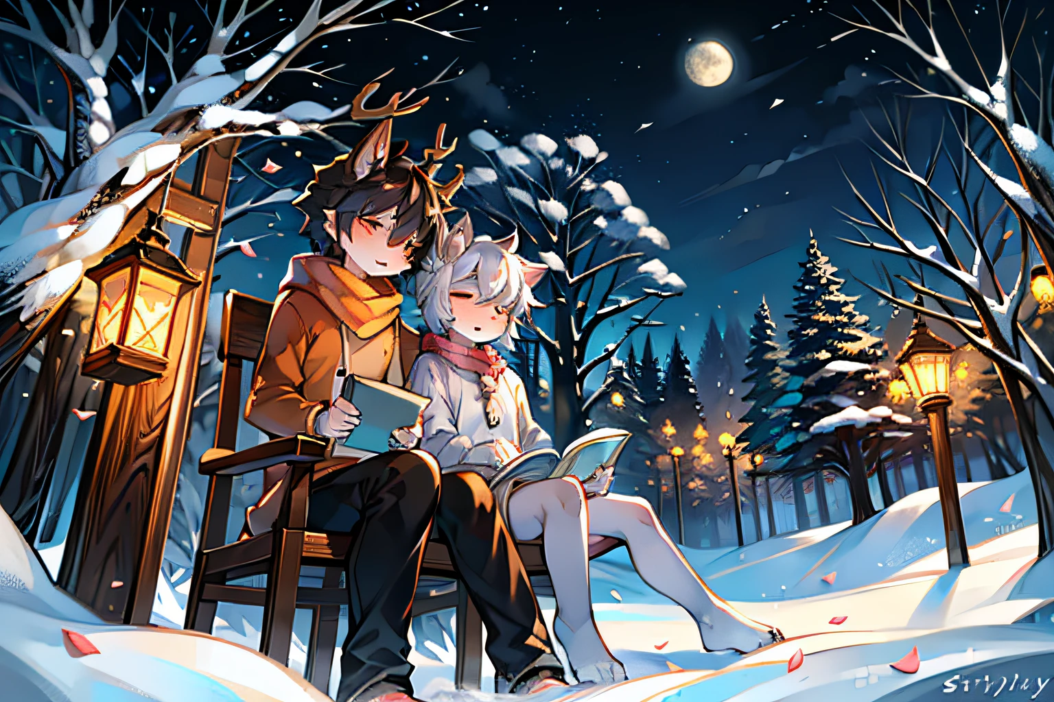 Wearing a white robe、white deer with antlers,Wolf with black hair and orange shirt,in the snow,starrysky,moon full,stars shining bright,falling flower petals,Peach blossom tree,shota,lovely boy,two guys,peaceful night,ornate backdrop,gentleness,Wear a scarf,wear a sweater,lantern in hand,in woods,sitting against a tree,Leaning together,Falling white petals,Close her eyes,starrysky,two guys,gentleness,Clear facial features,With a book on his lap,Clear face