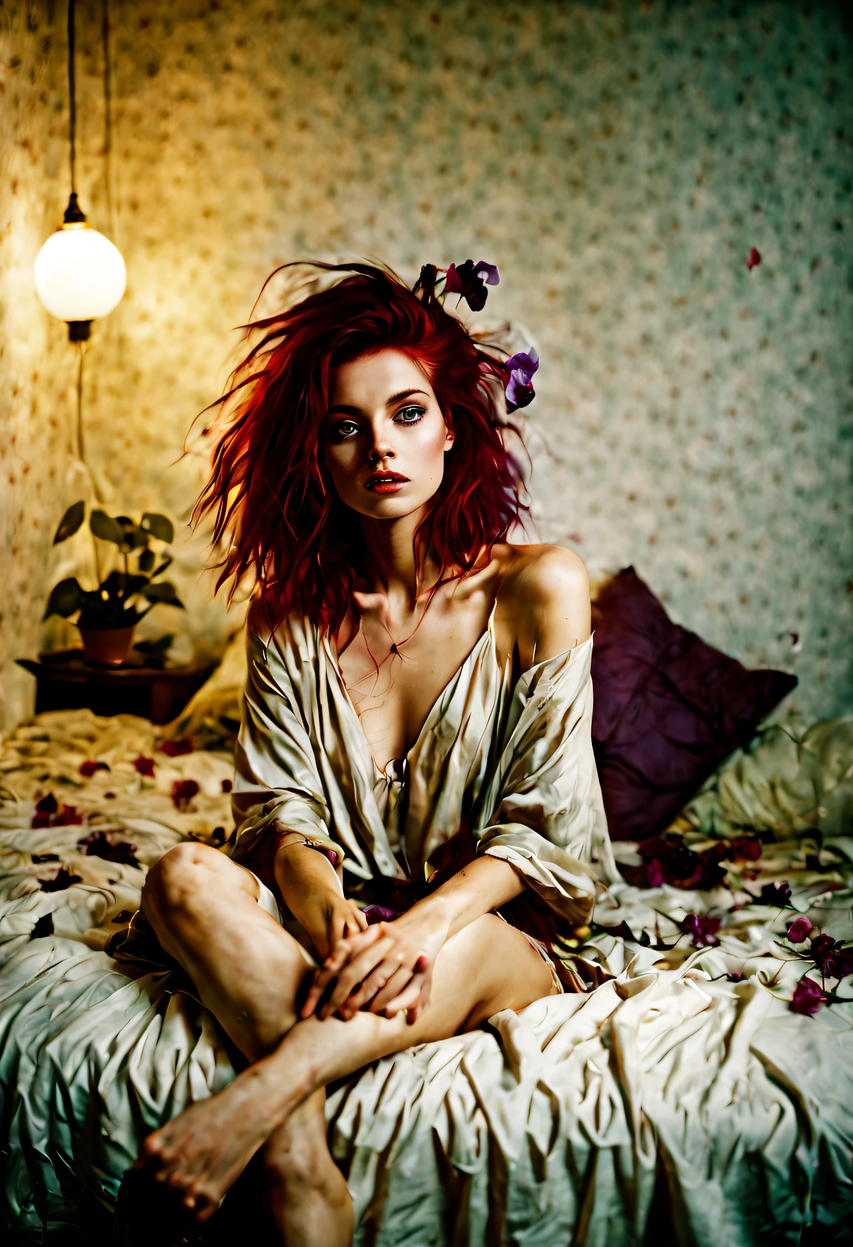 Long exposure photo of photo, woman, highly detailed, medium shot, 35mm, RAW, photoshoot, grit, texture, perky, (bleached, faded, cross processing, film grain, filmic:1.2), (freckles:0.8), lightly tanned skin, (LUT:1.2), cinematic, view of a strikingly beautiful 20 year old European woman (sitting on floor:1.2) in a cluttered bedroom, (holding a single flower:1.2), cascade of (vivid dyed cabernet hair:1.2), messy updo hairstyle, relaxed, under lit, in oversized bed sheet, bare shoulders, rainbow style, (highlight in bright eyes:1.2) kodak ektachrome kodak, pale skin, film overlay filter . Blurred motion, streaks of light, surreal, dreamy, ghosting effect, highly detailed