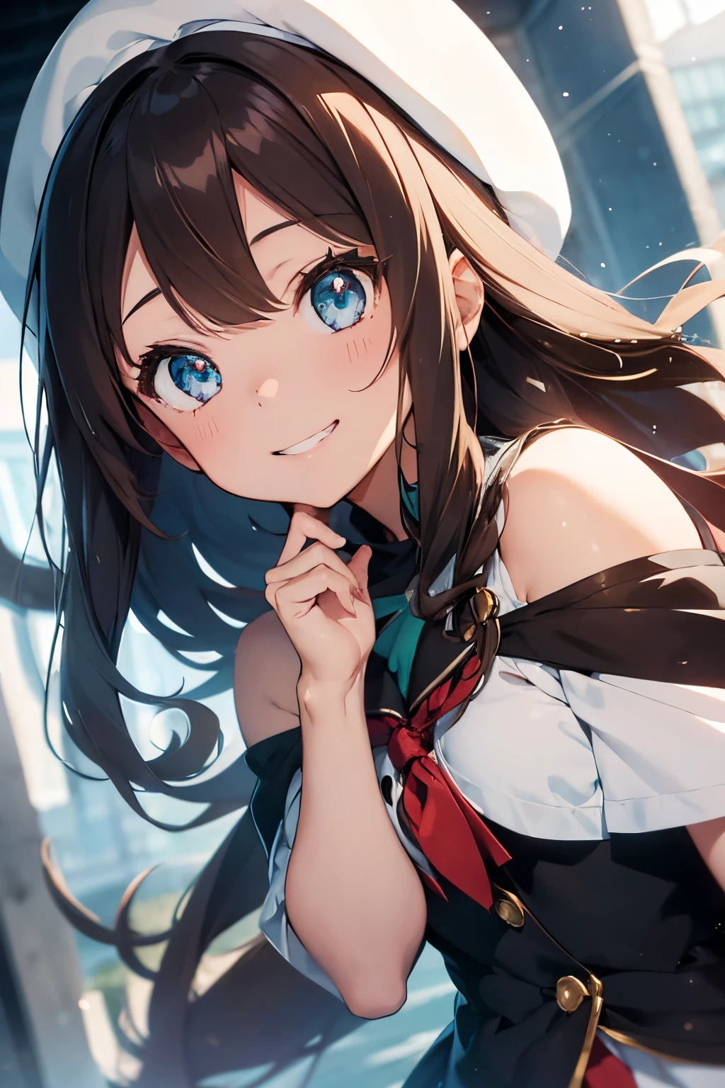 1girl, brown hair, long hair, shoulder length hair, ahoge, shiny hair, beret, snowflake hair ornament, raised eyebrows, aqua eyes, gradient eyes, grin, seductive smile, anime, anime style, drop shadow, silhouette, image fill, pov, first-person view, lens flare, Wide-Angle, high details, high quality, masterpiece