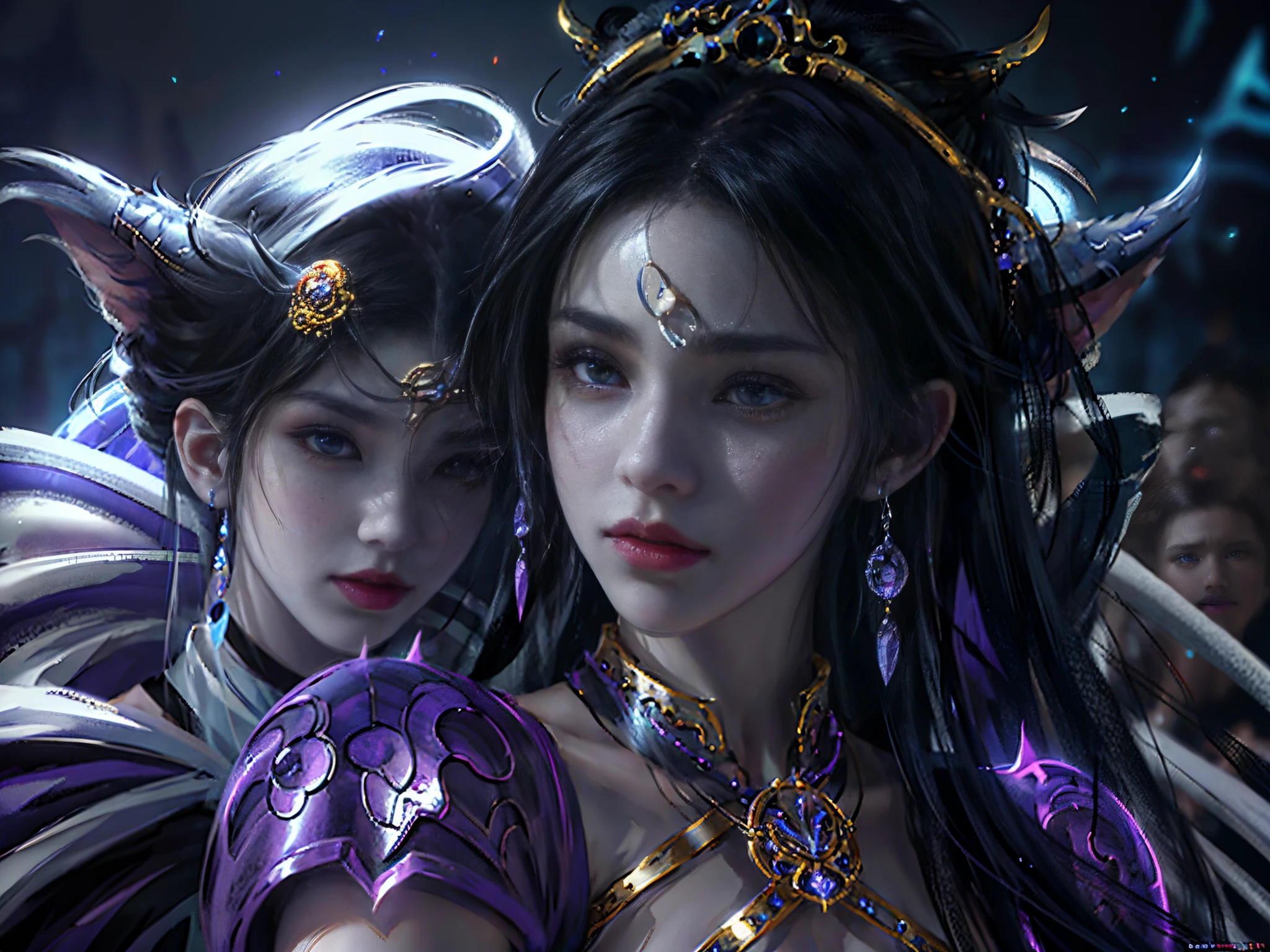 a close up of a woman with a purple and black costume, shadowbringers cinematic, 4 k detail fantasy, a beautiful fantasy empress, game cg, xianxia fantasy, xianxia hero, 2. 5 d cgi anime fantasy artwork, cinematic goddess close shot, ruan jia and artgerm, wow 4 k detail fantasy, hyperdetailed fantasy character