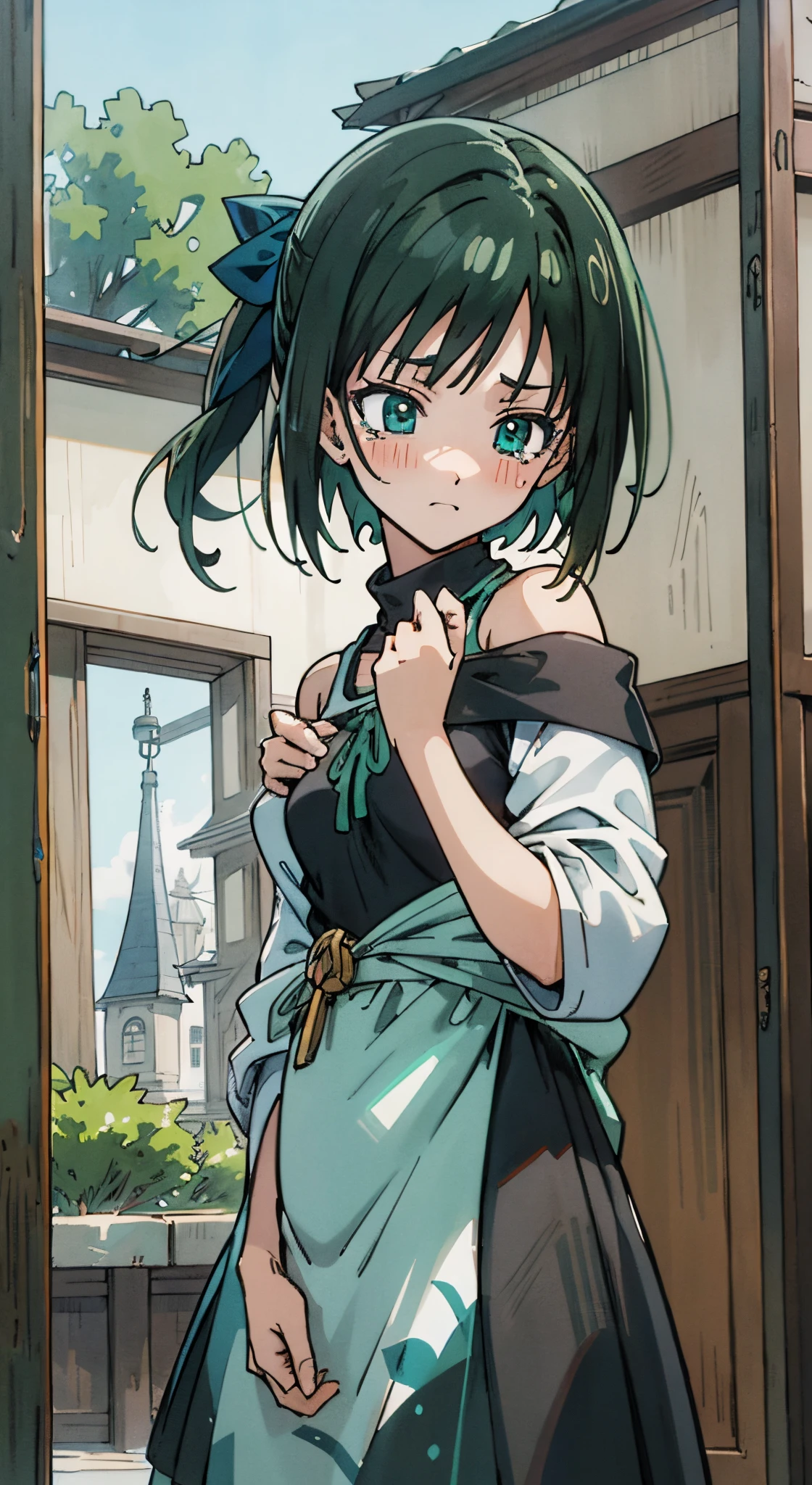 (masutepiece, Best Quality, Ultra-detailed, Illustration), Beautiful face, dark green hair, teal green eyes, Perfect body, 1girl in, Solo, hoodies, turtleneck clothes, off-shoulder clothes in sweater, Hair Ribbon, dress, lanyard, villages, old houses, Outdoors, folk, legends, Rin Itoshi, Blue lock, crying, sharp face, bare backs, frozen town, frozen tower, blush, tears