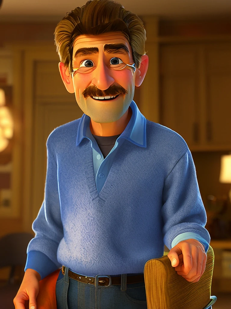 Pixarstyle: An above-the-waist portrait of a young man with a small beard holding his newborn son on his lap