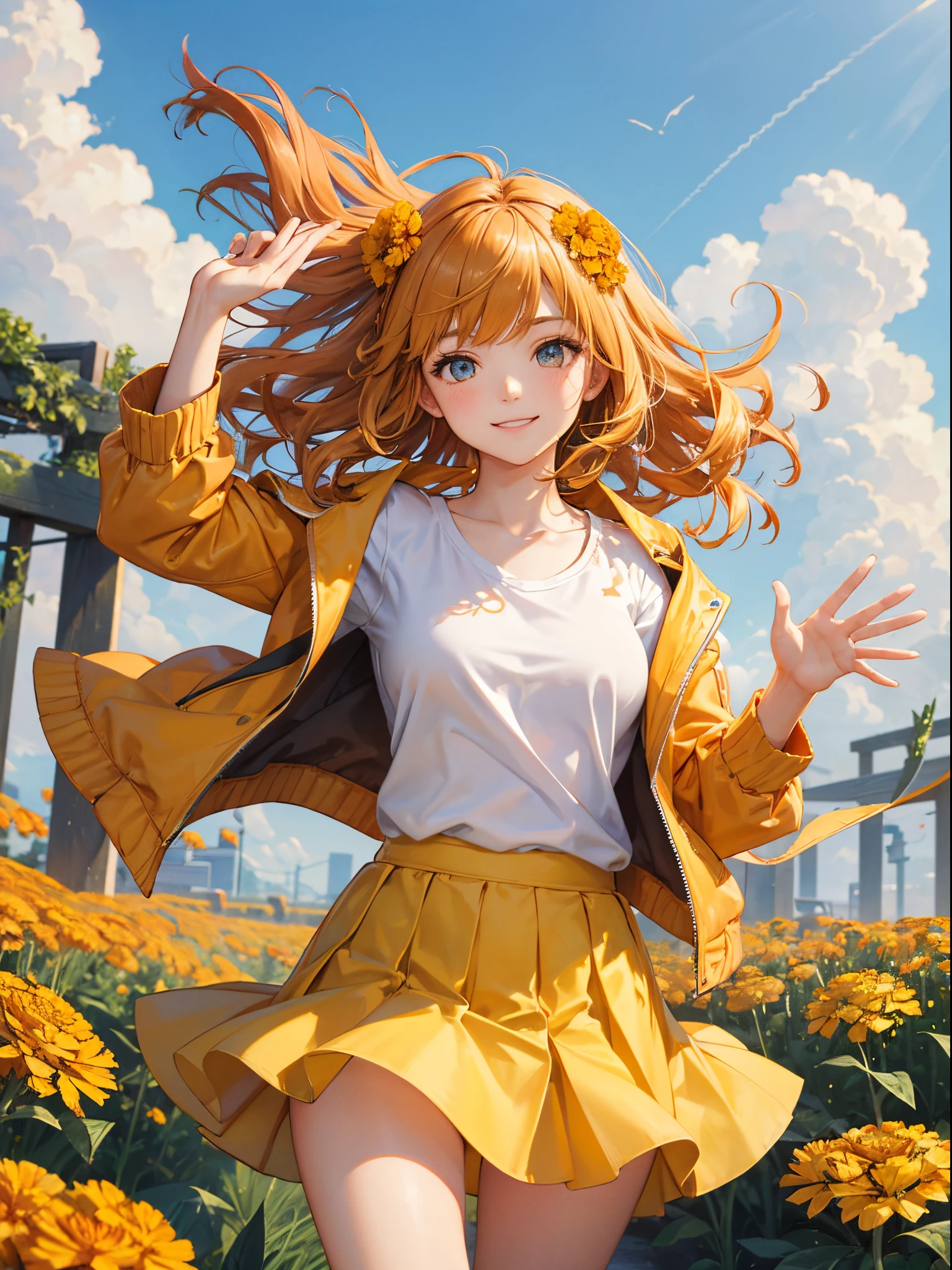 master piece,best quality, Solo woman,20yr old, beautiful eyes,cute, jumping, Marigold jacket,white T-shirt, Marigold tight skirt, shy smile, Marigold hair, medium hair, one side up,wavy hair,waving in a strong wind hair, Marigold flower