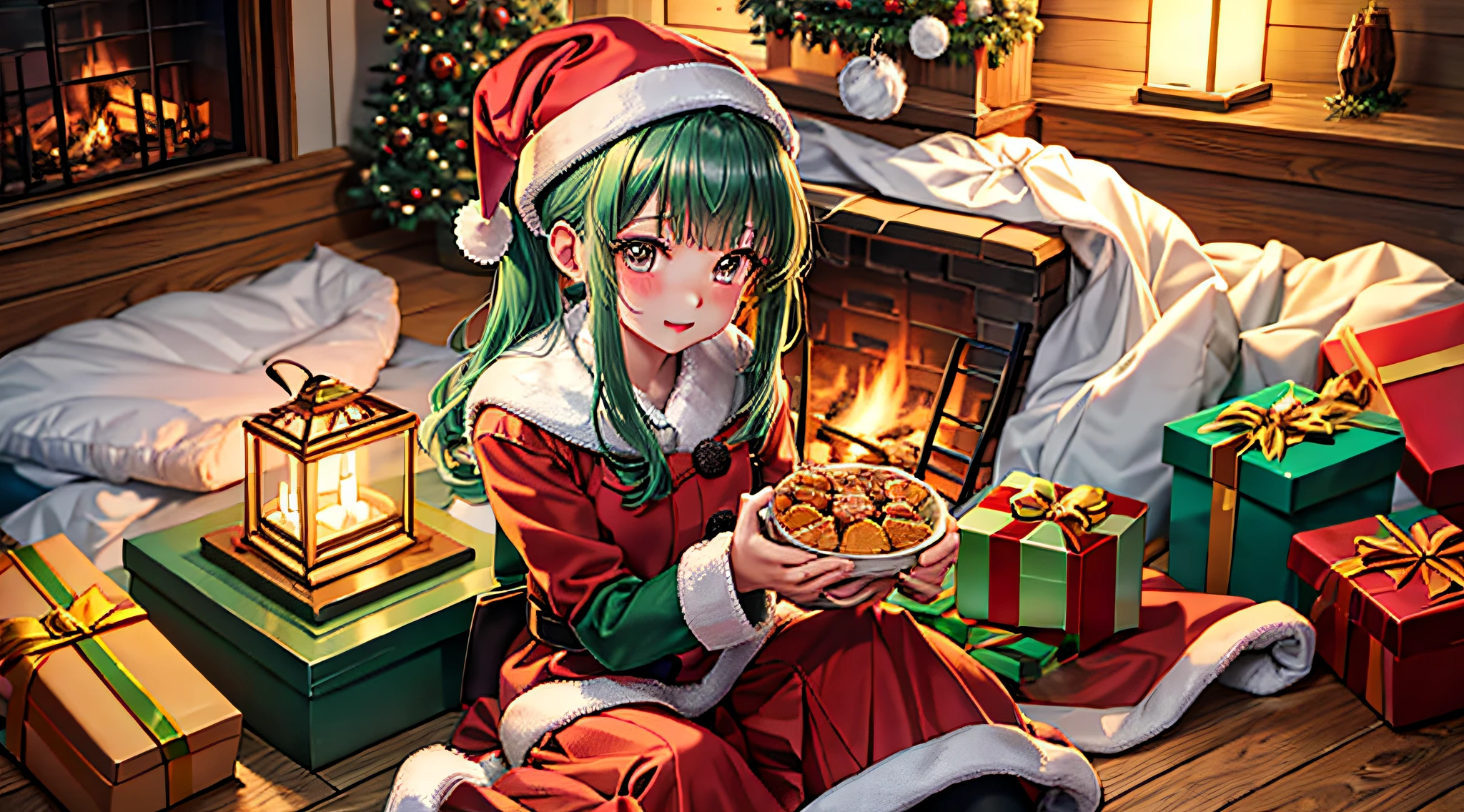 top-quality、​masterpiece、Super Detail、1girl in、独奏、poneyTail、 bangss、Brown-eyed、Green hair、（Winters、Inside a log cabin、fireplace、Christmas Dinner）、（Santa Claus hat、Long sleeve、Santa Claus clothes、velor fabric、knee-length velor skirt、long  skirt）、Christmas tree、a lot of、A tiny、Christmas present、