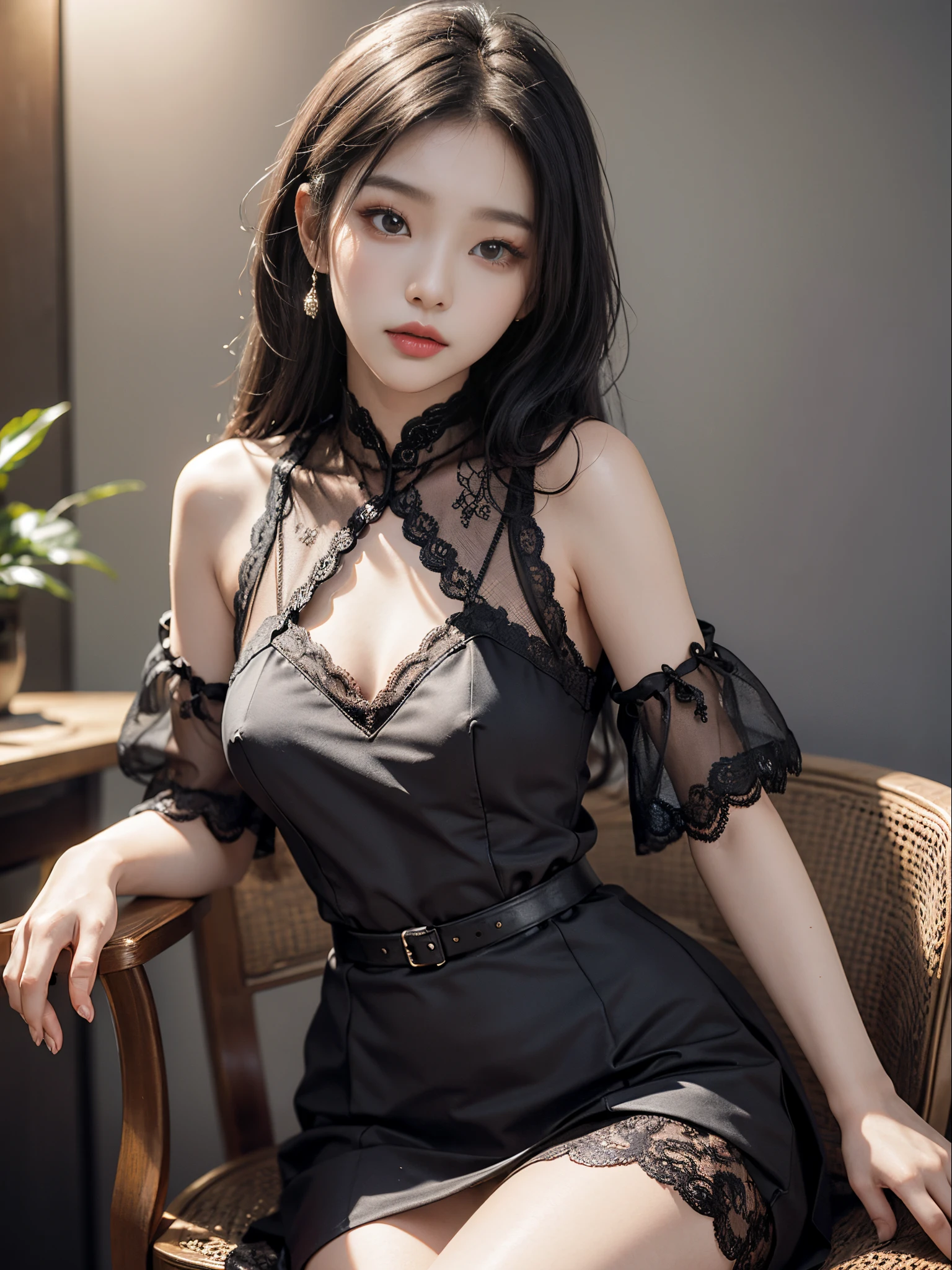 Korean female fashion model, Chrome clothes, Openwork clothes, black lace dress, sit on chair, slim toned body, Attractive pose, Flirting skirts, Shoot at random angles, best qualtiy, tmasterpiece, 超高分辨率, rich details, delicated face, Extremely beautiful eyes
