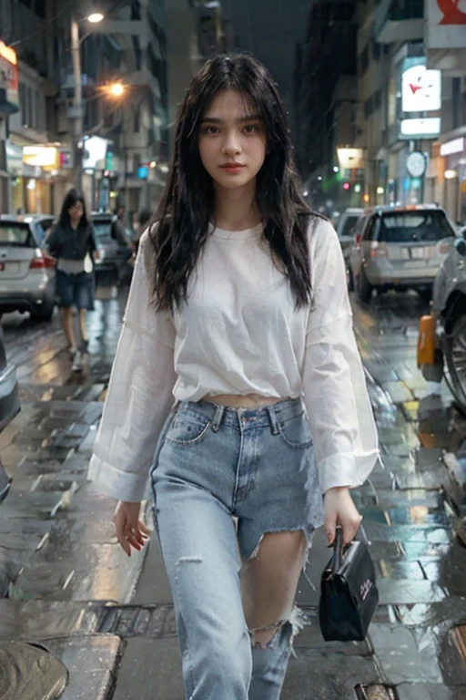 one girl, long black straight hairs, white shirt and blue jeans, walking under the rain, busy street with rim lights