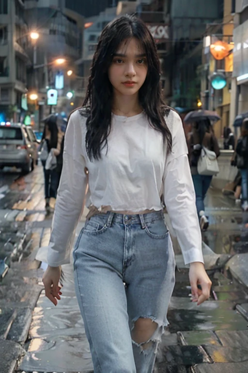 one girl, long black straight hairs, white shirt and blue jeans, walking under the rain, busy street with rim lights