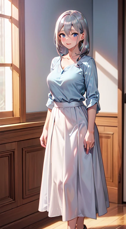 masutepiece, Best Quality, hight resolution, 1 married woman, (Full body/Portrait/Fulll body Shot/Bust Focus) ((de pele branca:1.3)) Glamour Blue eyes (poneyTail) ((silber hair:1.5)) drooing eyes natural make up Business District salmon pink lipstick ((Blue blouse)) ((Beige long skirt:1.0))