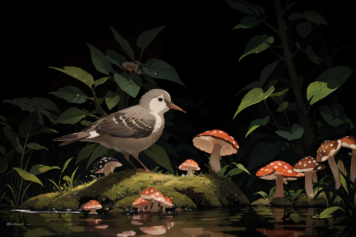 masterpiece, macro photograph of a tiny bird drinking water in a forest, dusk, mushrooms, dewdrops, high contrast, studio ghibli style, highly intricate, highly detailed, photorealism style