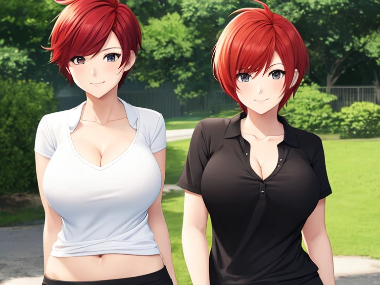 Anime Girl With Cute Short Pixie Haircut, red Hair, Big Large Breasts With Size Hh, Wearing A v neck polo Shirt short White Busty And Pants, Black View, Cute Happy Face, Fit Body, Waifu Characters