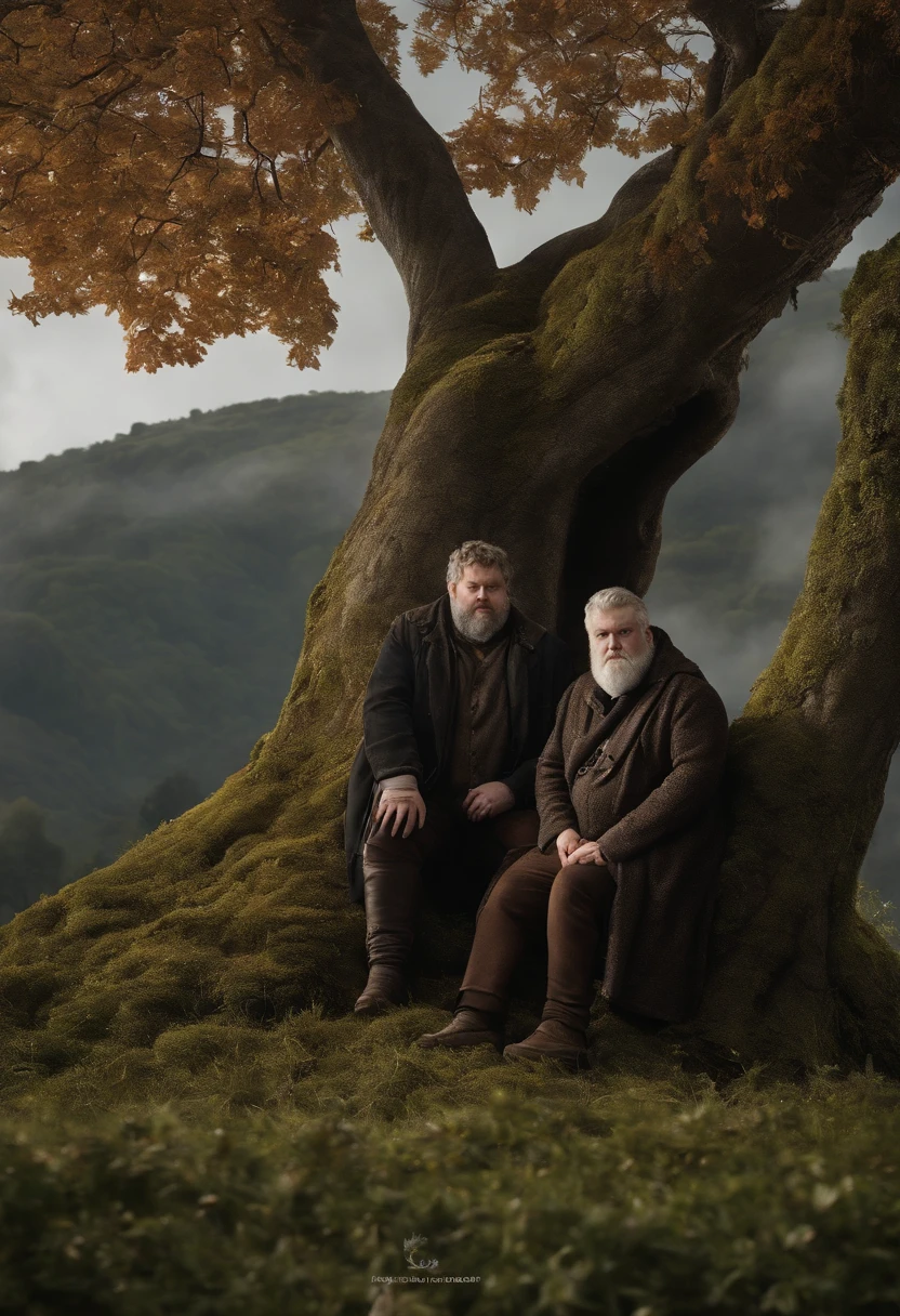 A photo of Hodor and Bran Stark spending a peaceful morning in the godswood, tending to the sacred weirwood tree,Game of Thrones,Hodor, a beloved character from “Game of Thrones,” is notable for his towering height and robust build, giving him a gentle giant appearance. He has a simple, kind face, often marked by a look of confusion or contentment, and his clothing is typically plain and functional, suited to his role as a stable boy. , male
