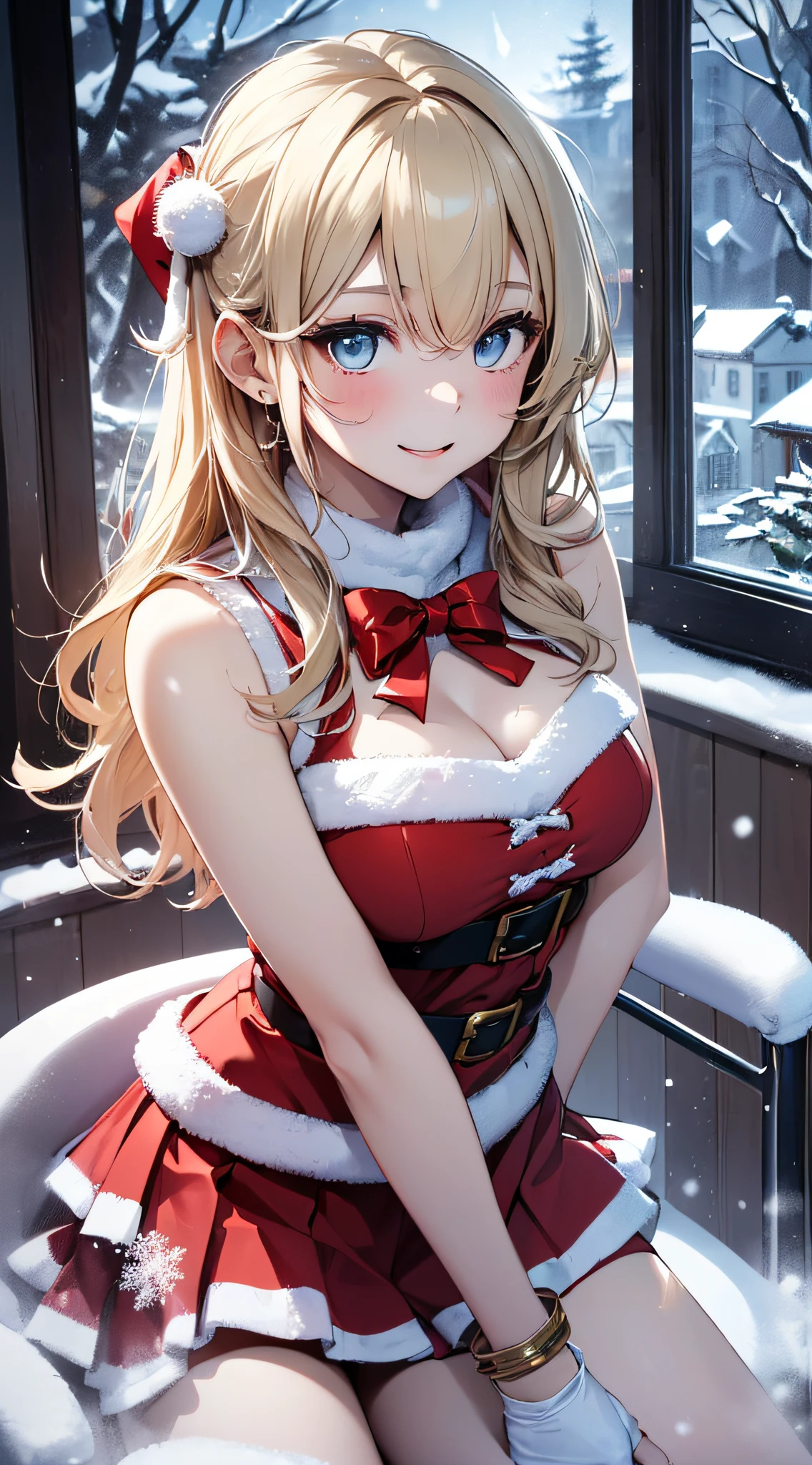 top-quality、Top image quality、​masterpiece、teens girl((Red Santa Costume、santa style short skirt、santa style tank top、sixteen years old、teen ager、Best Bust、big bast,Beautiful light blue eyes、Breasts wide open, a blond、A slender,Large valleys、dye one's cheeks red、Leaning forward、White breath、Reflecting the whole body、Cross your arms、Laugh、sit a chair)),hiquality、Beautiful Art、Background with((Evening classes、snowflakes falling、Heavy snow falls、snowman、ice tower model)))、masutepiece、depth of fields,