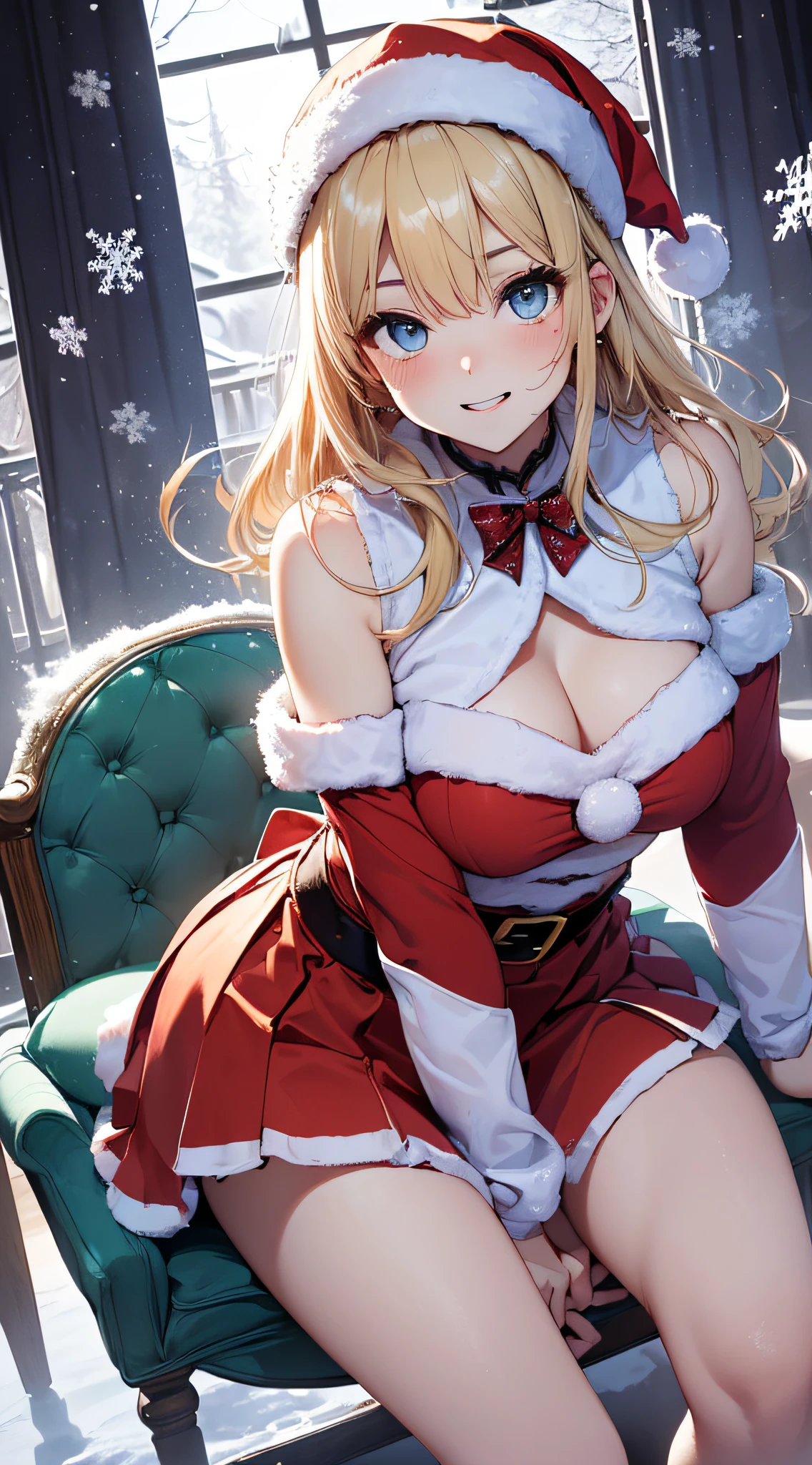 top-quality、Top image quality、​masterpiece、teens girl((Red Santa Costume、santa style short skirt、santa style tank top、、teen ager、Best Buast,Beautiful light blue eyes、Breasts wide open, a blond、A slender,Large valleys、dye one's cheeks red、Leaning forward、White breath、Reflecting the whole body、Cross your arms、Laugh、sit a chair)),hiquality、Beautiful Art、Background with((Evening classes、snowflakes falling、Heavy snow falls、snowman、ice tower model)))、masutepiece、depth of fields,