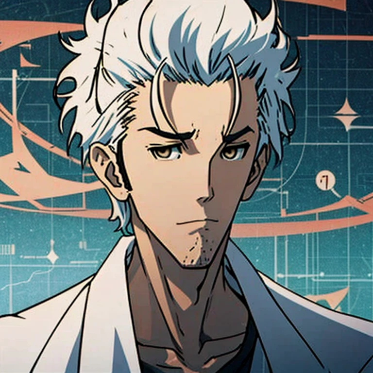 Generate diverse images of Hiroshi Suzuki, a brilliant and eccentric scientist with a personality reminiscent of Rintaro Okabe from Steins;Gate,Energetic and enthusiastic, showcasing a groundbreaking discovery or sudden inspiration., white hair,