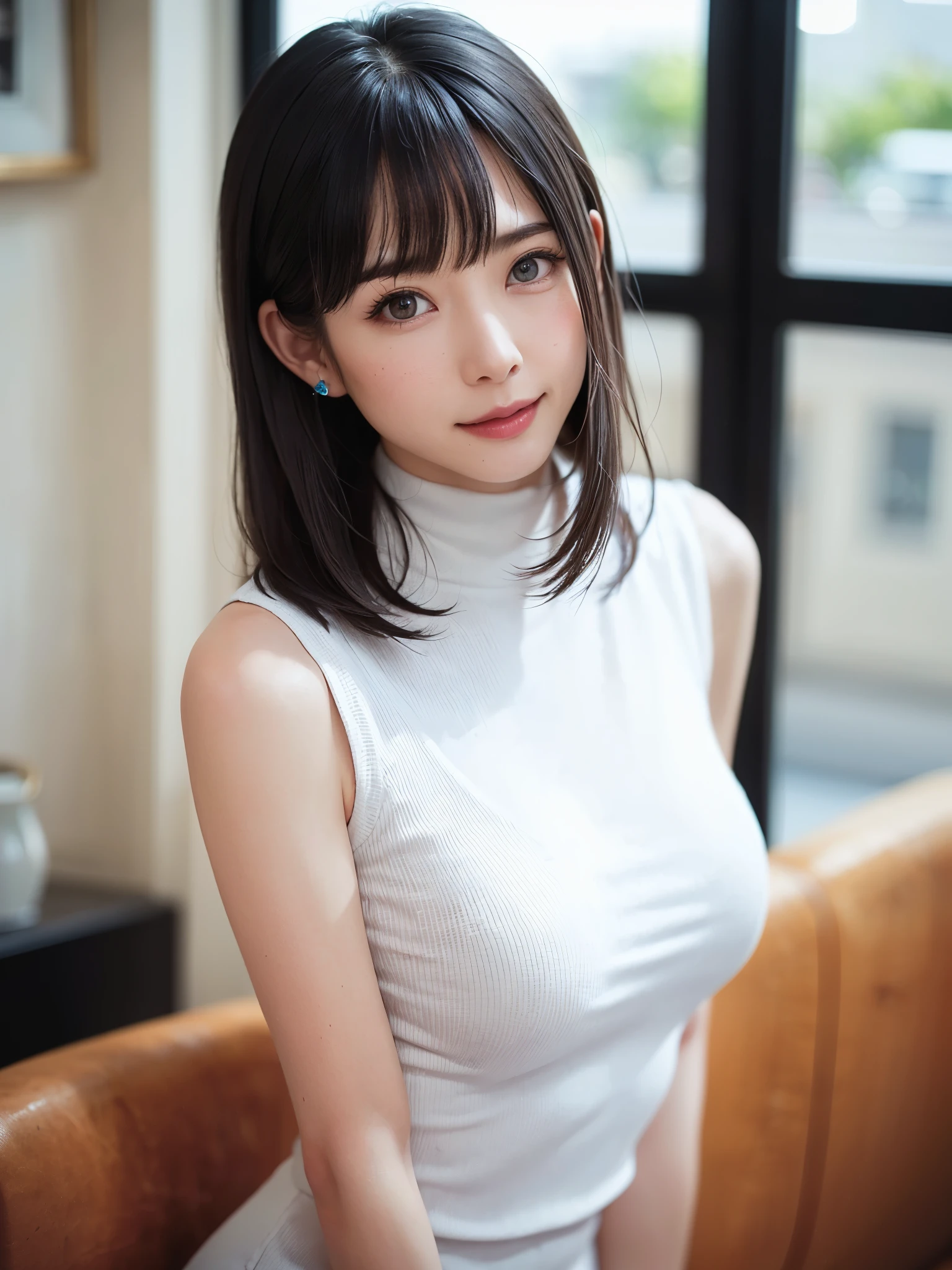 (masutepiece, top-quality、Very attractive adult beauty、Add intense highlights to the eyes、Look firmly at the camera:1.4、Beautiful woman full of adult charm、Ideal ratio body proportions、Perfect Anatomy、Brunette Short Bob Hair、Lustrous hair、lipgloss),1girl in, 独奏, Light brown shiny hair, muffler,realisitic, looking at the viewers、Tilt your head slightly, Bright colored crystal light blue eyes, short shiny hair、 White turtleneck outfit with a hole in the center of the chest,Sexy white turtleneck knit sweater with a round hole in the middle of the chest、 s lips, lipgloss,bangss, The upper part of the body、big eye、Lashes、The face is a little red、Embarrassing)、((Road system in Italy in winter))、((Shorthair with bangs、big eye、Put very strong highlights in your students、{Gigantic|Big|Huge|Mega} breasts:1.4、beautiful deep valley、very Bigger breasts:1.4、gazing at viewer、Very beautiful beauty、Put your ears out、Long and beautiful Zhu Lake 1.4、little smiling、Beautiful teeth、Open your mouth and smile、Heart-shaped pupil))、28 year old、Very cute supermodel、