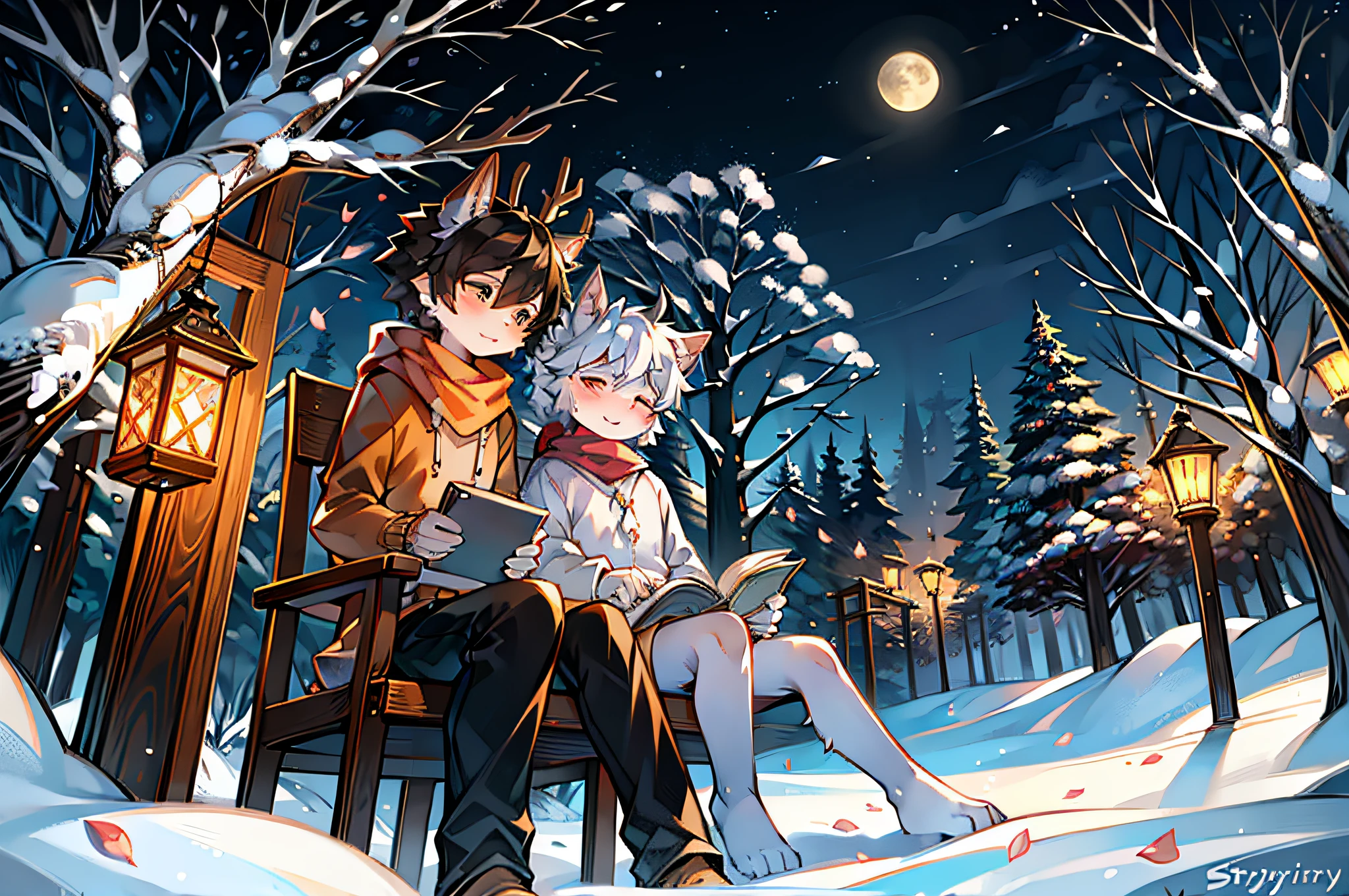 Wearing a white robe、white deer with antlers,Wolf with black hair and orange shirt,in the snow,starrysky,moon full,stars shining bright,falling flower petals,Peach blossom tree,shota,lovely boy,two guys,peaceful night,ornate backdrop,gentleness,Wear a scarf,wear a sweater,lantern in hand,in woods,sitting against a tree,Leaning together,Falling white petals,Close her eyes,starrysky,two guys,gentleness,Clear facial features,With a book on his lap,Clear face