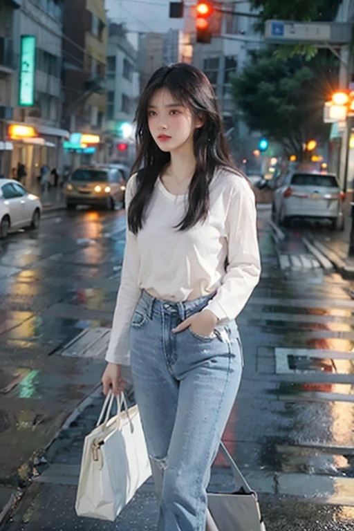 one girl, long black straight hairs, white shirt and blue jeans, walking under the rain, busy street with rim lights