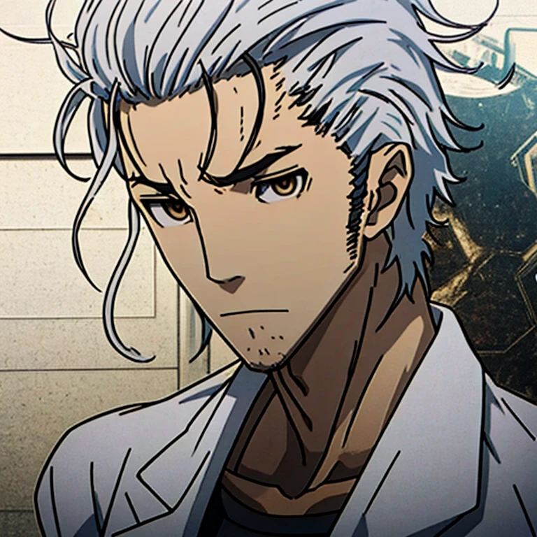 Generate diverse images of Hiroshi Suzuki, a brilliant and eccentric scientist with a personality reminiscent of Rintaro Okabe from Steins;Gate,Reflective and introspective, facing personal challenges or contemplating consequences, ((white hair))