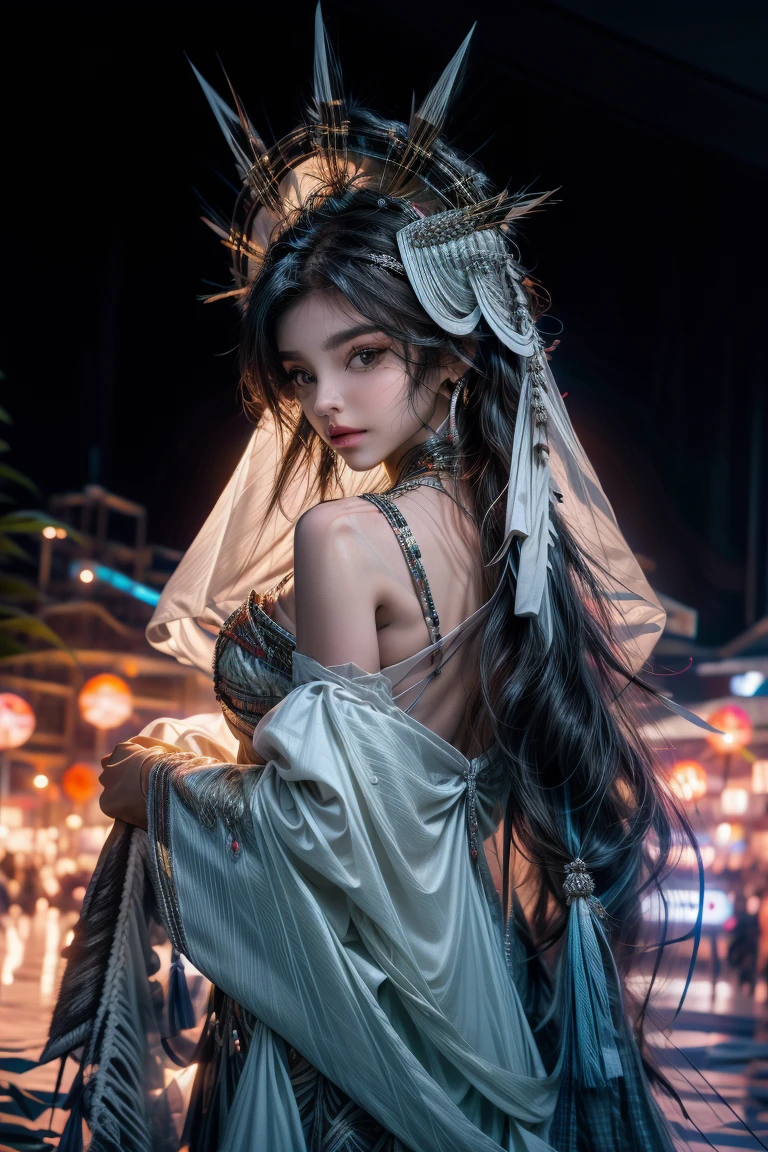 A beautiful indigenous woman wearing a headdress, cabelos pretos longos cacheados com franja, rosto bonito, imagem alto detalhe, simetria, Muitos detalhes, corpo inteiro, corpo definido, Realismo, Cinematic lighting, de cima, super detalhe