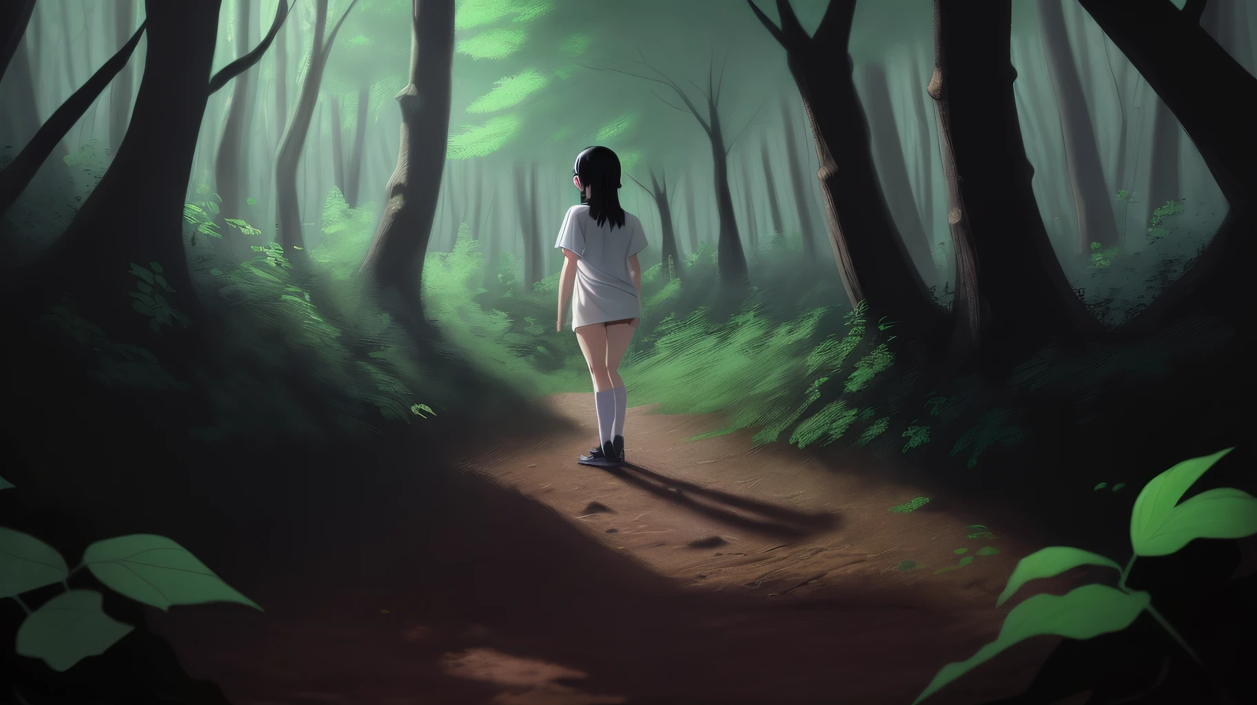 First person point of view. Anime style. A girl with shoulder length black hair. She pulled the first person's hand into the almost dark forest. She was wearing a plain oversized white t-shirt. Her expression was flat.