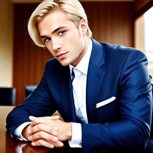 Successful businessman in suit with blond hair and blue eyes