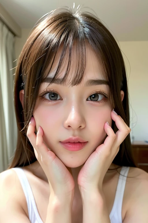 ((Best Quality)), ((masutepiece)), (Detailed), Perfect face、a 19 years old girl、White camisole、Cute、Plump lips、Suck your finger in your mouth