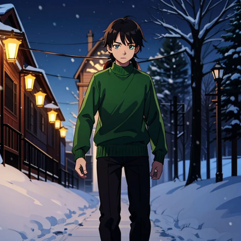 ((Sketch)) (Manga style) Christmas, a young boy with a long mullet haircut, big lips, and slanted eyes. Winter season, snow and pine trees on the streets. Walking in the neiborhood. Christmas lights at night. Wearing a green sweater. Despite the difficulties, he kept hope alive in his heart. His eyes shone with a spark of hope for the future.