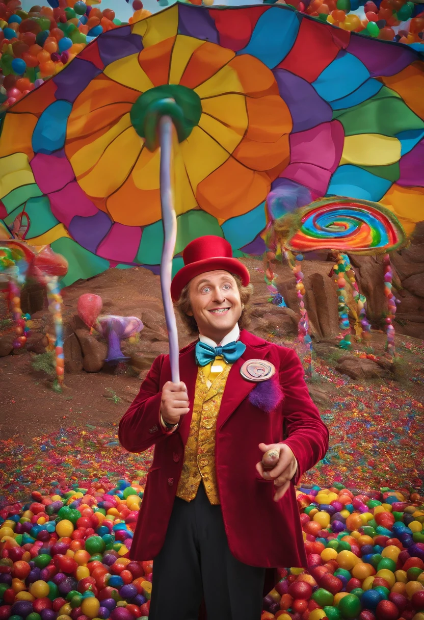 A snapshot of Wonka holding a giant lollipop, surrounded by a kaleidoscope of swirling candy colors.,Charlie and the Chocolate Factory,Willy Wonka, the eccentric chocolate factory owner in Roald Dahl’s novel and its film adaptations, is known for his flamboyant and whimsical style. He typically sports a top hat, a brightly colored, tailored suit, and a bow tie, embodying his quirky and unconventional character. Wonka’s attire often includes a cane and whimsical accessories that add to his mysterious and playful persona. His bright eyes and enigmatic smile contribute to his charismatic yet unpredictable appearance., male