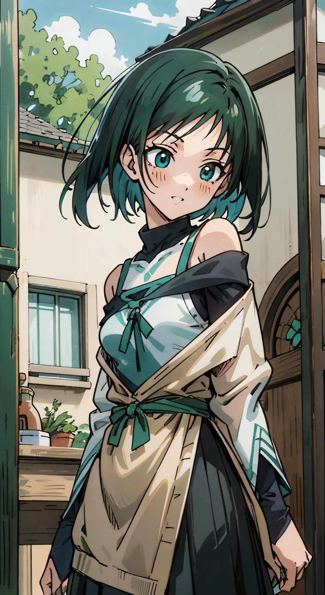 (masutepiece, Best Quality, Ultra-detailed, Illustration), Beautiful face, dark green hair, teal green eyes, Perfect body, 1girl in, Solo, hoodies, turtleneck clothes, off-shoulder clothes in sweater, Hair Ribbon, dress, lanyard, villages, old houses, Outdoors, folk, legends, Rin Itoshi, Blue lock, smily face, sharp face, bare backs, frozen town, frozen tower, blush