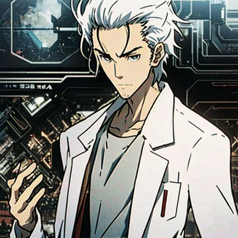 Generate diverse images of Hiroshi Suzuki, a brilliant and eccentric scientist with a personality reminiscent of Rintaro Okabe from Steins;Gate, Calm and collected, engaged in scientific work, white hair, full body with white coat