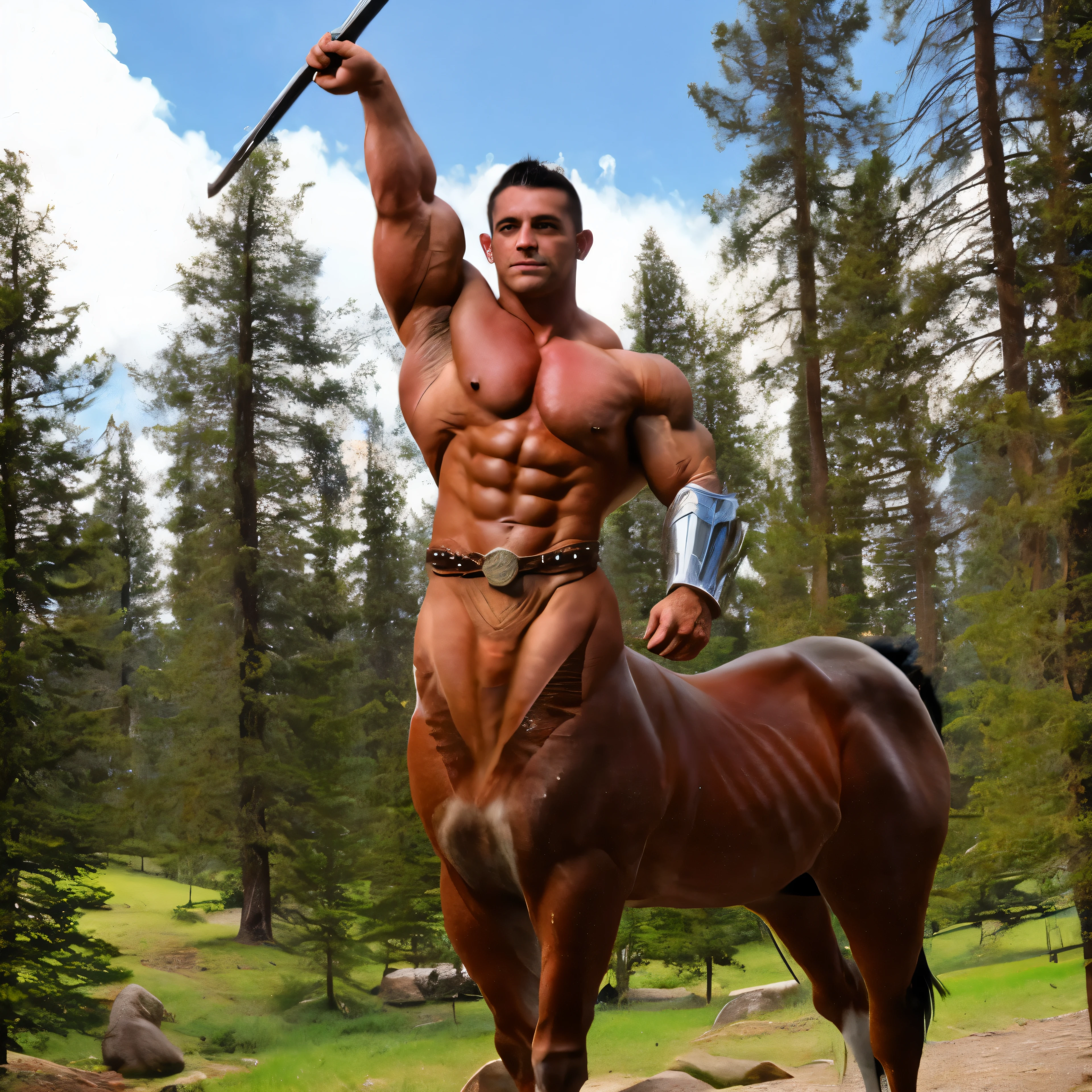 (Green short hair), (((male centaur))), ((bodybuilder)), ((very muscular)), ((broad chest)), ((thick pectorals)), abs, (((small waist))), ((big biceps)), ((large )), ((glans)), ((testicles)), ((nipple piercings)), snowy mountain, pine trees, aurora borealis, night sky, (veiny horse :1.0), extra arms, ExtraArms, tanned skin, erection, flaccid , erected , mature, dapper, stubbles, undercut hairstyle, (((solo))), steam4rmor, wearing steampunk knight armor, holding sword,